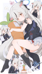Rule 34 | 1boy, 1girl, :t, absurdres, akizuki kawakaze, doodle sensei (blue archive), black bow, black hair, black socks, blue archive, bow, cake, carrot cake, carrot-shaped pillow, china dress, chinchilla ears, chinese clothes, commentary request, dated, dress, feet, flying sweatdrops, food, gradient hair, grey hair, hair bow, happy birthday, heart, highres, holding, holding pencil, hugging object, kokona (blue archive), long hair, looking at viewer, multicolored hair, multiple views, off shoulder, pelvic curtain, pencil, pillow, pillow hug, pinstripe dress, pinstripe jacket, pinstripe pattern, pleated skirt, pout, sensei (blue archive), sketch, skirt, sleeveless, sleeveless dress, socks, spoken blush, spoken squiggle, squiggle, streaked hair, striped, thighs, toes, twitter username, very long hair, white skirt