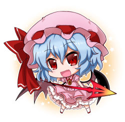 Rule 34 | 1girl, :d, bad id, bad pixiv id, bat wings, blue hair, blush, bow, brooch, chibi, collared shirt, commentary request, fang, frilled shirt collar, frilled skirt, frills, full body, gradient background, hair between eyes, hat, hat bow, holding, holding polearm, holding spear, holding weapon, jewelry, looking at viewer, mob cap, noai nioshi, open mouth, outline, pink shirt, pink skirt, polearm, puffy short sleeves, puffy sleeves, red bow, red eyes, remilia scarlet, ribbon-trimmed headwear, ribbon trim, shirt, short hair, short sleeves, skirt, skirt set, smile, solo, spear, spear the gungnir, standing, star (symbol), touhou, two-tone background, weapon, white legwear, white outline, wing collar, wings