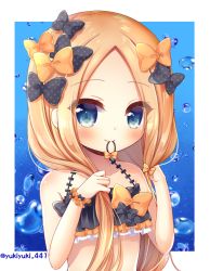 Rule 34 | 1girl, abigail williams (emerald float) (fate), abigail williams (fate), bare arms, bare shoulders, bikini, black bikini, black bow, blonde hair, blue eyes, blush, bow, closed mouth, collarbone, commentary request, emerald float, fate/grand order, fate (series), forehead, hair bow, hair tie, hair tie in mouth, long hair, mouth hold, official alternate costume, orange bow, parted bangs, polka dot, polka dot bow, smile, solo, swimsuit, twitter username, water drop, yukiyuki 441