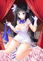 Rule 34 | 1girl, absurdres, ahoge, bare shoulders, barefoot, bed, black hair, blue bow, blue bowtie, blue eyes, blue ribbon, bow, bowtie, breasts, canopy bed, cleavage, closed mouth, covered navel, curtains, dress, dungeon ni deai wo motomeru no wa machigatteiru darou ka, flower, gloves, hair ornament, hands up, hestia (danmachi), highres, kotomaru (sirouko9511), large breasts, long hair, looking at viewer, on bed, pink flower, ribbon, rose, sitting, sleeveless, sleeveless dress, smile, solo, thighs, torn clothes, torn dress, twintails, very long hair, wariza, white dress, white gloves