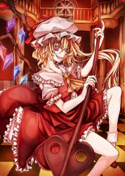 Rule 34 | 1girl, ascot, asymmetrical hair, bad id, bad pixiv id, blonde hair, checkered floor, crazy eyes, crystal, evil smile, fang, flandre scarlet, frills, hat, hat ribbon, highres, indoors, jpeg artifacts, kenzaki raki, laevatein, looking at viewer, mob cap, open mouth, ponytail, puffy sleeves, red eyes, ribbon, shirt, short sleeves, side ponytail, skirt, skirt set, smile, socks, solo, touhou, upskirt, vest, white socks, wings