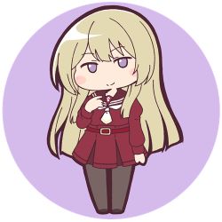 Rule 34 | 1girl, arm at side, assault lily, belt, belt buckle, blonde hair, blush, brown pantyhose, brown sailor collar, buckle, chibi, closed mouth, commentary, full body, hand up, high-waist skirt, kanba girls high school uniform, long hair, long sleeves, looking at viewer, lowres, masaki itsuki, miniskirt, miyagawa takane, necktie, no pupils, pantyhose, pleated skirt, purple background, purple eyes, red belt, red shirt, red skirt, round image, sailor collar, school uniform, serafuku, shirt, short necktie, sidelocks, simple background, skirt, smile, solo, standing, transparent background, very long hair, white necktie