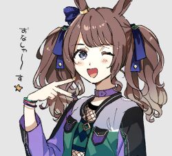 Rule 34 | 1girl, animal ears, blue eyes, blush, brown hair, collar, enu (brandnewday02), fishnet top, fishnets, grey background, hand up, horse ears, jacket, jewelry, long sleeves, looking at viewer, medium hair, multicolored nails, necklace, one eye closed, open clothes, open jacket, open mouth, solo, tosen jordan (umamusume), twintails, umamusume, upper body, v, wristband