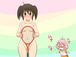 Rule 34 | 2girls, ahoge, antenna hair, blush, breasts, brown eyes, brown hair, censored, chibi, cleavage, collarbone, convenient censoring, covering privates, covering crotch, covering nipples, drooling, female focus, flying sweatdrops, gluteal fold, groin, harukaze asuna, hip focus, holding, looking at viewer, medium breasts, multiple girls, naughty face, navel, nude, nude cover, o o, pink hair, racket, sawanatsu kotone, shikuta maru, short hair, short twintails, smile, softenni, standing, tennis racket, twintails, uniform