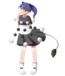 Rule 34 | 1girl, alternate hairstyle, blue eyes, blue hair, blush, doremy sweet, dress, finger to mouth, full body, highres, long hair, looking at viewer, matching hair/eyes, mono (mono60), no headwear, no headwear, parted lips, pom pom (clothes), ponytail, short sleeves, smile, socks, solo, tail, tapir tail, touhou, transparent background, white socks