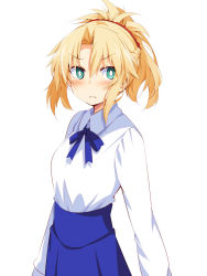Rule 34 | 1girl, alternate costume, artoria pendragon (all), artoria pendragon (fate), blonde hair, blue ribbon, blue skirt, blush, braid, breasts, bright pupils, chata maru (irori sabou), commentary request, cosplay, fate/grand order, fate (series), frown, green eyes, highres, long hair, long skirt, long sleeves, looking at viewer, medium breasts, mordred (fate), mordred (fate/apocrypha), ponytail, red scrunchie, ribbon, saber (fate), saber (fate) (cosplay), scrunchie, shirt, simple background, skirt, solo, white background, white shirt