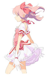 Rule 34 | 10s, 1girl, bow, bubble skirt, frills, gloves, hair bow, kaname madoka, magical girl, magomago, mahou shoujo madoka magica, mahou shoujo madoka magica (anime), pink hair, puffy sleeves, short twintails, skirt, solo, twintails, white background, wind
