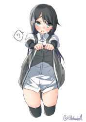 Rule 34 | 10s, 1girl, ?, arm warmers, asashio (kancolle), black hair, black thighhighs, blue eyes, blush, clothes lift, ebifurya, grey skirt, highres, kantai collection, lifting own clothes, long hair, no panties, open mouth, pleated skirt, shirt, short sleeves, simple background, skirt, skirt lift, solo, speech bubble, spoken question mark, suspenders, thighhighs, twitter username, white background, white shirt