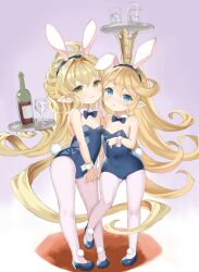 Rule 34 | 2girls, alcohol, animal ears, bare shoulders, blonde hair, blue eyes, blue footwear, blue leotard, bottle, bow, bowtie, breasts, charlotta (granblue fantasy), covered navel, crown, cup, detached collar, drinking glass, fake animal ears, fake tail, full body, gluteal fold, granblue fantasy, green eyes, harvin, highres, legs, leotard, long hair, looking at viewer, m-eine, melissabelle, multiple girls, pantyhose, playboy bunny, pointy ears, rabbit ears, rabbit tail, shoes, small breasts, smile, standing, standing on one leg, strapless, strapless leotard, tail, thighs, tray, very long hair, white pantyhose, wine, wine bottle, wine glass, wrist cuffs