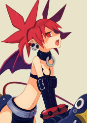 Rule 34 | 1girl, absurdres, back, bad id, bad pixiv id, bat wings, belt, black gloves, black skirt, black thighhighs, collar, demon girl, demon tail, demon wings, disgaea, earrings, elbow gloves, etna (disgaea), flat chest, gloves, highres, jewelry, loincloth, makai senki disgaea, mini wings, open mouth, pointy ears, prinny, red eyes, red hair, skirt, skull earrings, solo, tail, thighhighs, twintails, wings