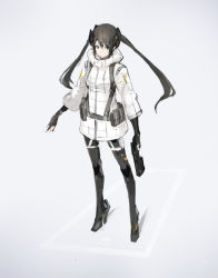 Rule 34 | 1girl, black hair, boots, closed mouth, coat, full body, grey eyes, gun, handgun, high heel boots, high heels, holding, holding gun, holding weapon, long hair, neco, original, pistol, science fiction, solo, twintails, weapon