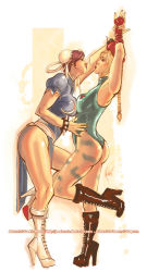 Rule 34 | 2girls, against wall, arms up, artist name, ass, assertive female, blonde hair, bodypaint, boots, bracelet, braid, breast press, breasts, brown hair, bun cover, cammy white, camouflage, capcom, cedric poulat, character name, chun-li, closed eyes, cross-laced footwear, double bun, eyeshadow, hair bun, high heel boots, high heels, holding another&#039;s wrist, imminent kiss, jewelry, knee boots, lace-up boots, large breasts, leotard, lipstick, makeup, multiple girls, no legwear, pelvic curtain, pinky out, resolution mismatch, source smaller, spiked bracelet, spikes, standing, standing on one leg, street fighter, symmetrical docking, twin braids, watermark, web address, yuri