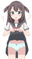 Rule 34 | 1girl, ?, black sailor collar, black skirt, blue eyes, blush, bow, bow panties, brown hair, hair between eyes, hair ornament, hairclip, highres, lifted by self, long hair, looking at viewer, neckerchief, open mouth, original, panties, pleated skirt, red neckerchief, sailor collar, school uniform, serafuku, shirt, short sleeves, simple background, skirt, solo, standing, takasuma hiro, two side up, underwear, white background, white panties, white shirt