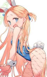 Rule 34 | 1girl, absurdres, animal ears, arched back, ass, backless outfit, blonde hair, blue archive, blue eyes, breasts, fishnets, forehead, hair ribbon, halo, highres, leotard, long hair, open mouth, playboy bunny, rabbit ears, rabbit tail, ribbon, shimazaki1152, small breasts, sora (blue archive), tail, white background, wrist cuffs