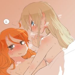 Rule 34 | 10s, 2girls, aquila (kancolle), bed, blonde hair, blue eyes, blush, breasts, brown eyes, gradient background, graf zeppelin (kancolle), kantai collection, lowres, multiple girls, nude, orange hair, pink background, rebecca (keinelove), sketch, sweat, under covers, yuri