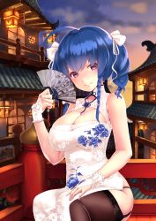 Rule 34 | 1girl, ahoge, azur lane, bare shoulders, black thighhighs, blue hair, blush, braid, breasts, bridal gauntlets, china dress, chinese clothes, cleavage, cleavage cutout, clothing cutout, dress, evening, folding fan, garter straps, gloves, hair ribbon, hand fan, highres, holding, holding fan, lantern, large breasts, long hair, looking at viewer, purple eyes, ribbon, rin2008, sitting, skindentation, smile, solo, st. louis (azur lane), st. louis (blue and white pottery) (azur lane), thighhighs, white dress, white gloves