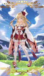 Rule 34 | &gt;:), 1girl, armlet, bare shoulders, blonde hair, blue sky, blunt bangs, blush, bracelet, bush, cangkong, closed mouth, cloud, collarbone, commentary request, copyright request, day, detached sleeves, english text, folded fan, folding fan, frills, full body, geta, grass, green eyes, hair ribbon, halterneck, hand fan, hand on own hip, highres, holding, holding fan, japanese clothes, jewelry, lake, long hair, long sleeves, mountain, obi, patreon username, pigeon-toed, pixiv id, pom pom (clothes), red footwear, red ribbon, ribbon, ribbon-trimmed legwear, ribbon-trimmed thighhighs, ribbon trim, rock, sash, sky, smile, snow, solo, standing, tabi, tassel, thank you, thighhighs, v-shaped eyebrows, very long hair, water, watermark, web address, white thighhighs, wide sleeves, zettai ryouiki