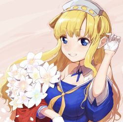 Rule 34 | 1girl, bare shoulders, blonde hair, blue eyes, blue shirt, bouquet, breasts, double bun, fletcher (kancolle), flower, gloves, hair bun, hairband, holding, holding bouquet, kantai collection, large breasts, long hair, neckerchief, petals, pink background, shirt, simple background, solo, upper body, white flower, white gloves, yellow neckerchief, yoshino ns