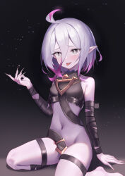 Rule 34 | 1girl, absurdres, ahoge, belt, black belt, blush, bottomless, breasts, briar (league of legends), fingernails, foot out of frame, furrowed brow, gradient background, grey eyes, grey hair, hair between eyes, highres, league of legends, legs, long fingernails, looking at viewer, medium hair, multicolored hair, navel, pink hair, pointy ears, shadow, sharp fingernails, sidelocks, simple background, sitting, small breasts, solo, stomach, strapless, thighs, tongue, tongue out, two-tone hair, user sxaf8777, vampire, very long fingernails