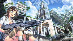 Rule 34 | 1girl, aircraft, bipod, blue eyes, blue sky, breasts, brown gloves, brown hair, cloud, damaged, day, dog, gloves, grey skirt, gun, hair ornament, hase yu, helicopter, holding, holding gun, holding weapon, husky, knee pads, large breasts, low ponytail, m240, machine gun, miniskirt, open mouth, original, outdoors, petting, plaid, plaid skirt, ruins, shirt, short ponytail, short sleeves, sitting, skirt, sky, socks, trigger discipline, weapon, white shirt, white socks, x hair ornament