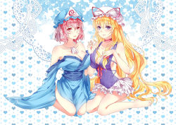 Rule 34 | 2girls, adapted costume, alternate costume, armpits, bad id, bad pixiv id, ballet, bare legs, bare shoulders, barefoot, blonde hair, blush, bow, breasts, choker, cleavage, collarbone, hair bow, hat, hat ribbon, heart, heart background, holding hands, interlocked fingers, japanese clothes, jewelry, kimono, kneeling, large breasts, lips, long hair, looking at viewer, luoye, mob cap, multiple girls, necklace, obi, off shoulder, patterned background, pink eyes, pink hair, purple eyes, ribbon, saigyouji yuyuko, sash, short hair, simple background, sitting, touhou, triangular headpiece, veil, very long hair, white background, yakumo yukari