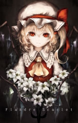 Rule 34 | 1girl, ascot, black background, blonde hair, bow, character name, cowboy shot, crystal, flandre scarlet, flower, frilled shirt, frilled shirt collar, frilled skirt, frilled sleeves, frills, hat, hat ribbon, highres, looking at viewer, medium hair, mob cap, moose (moosu193), red bow, red eyes, red ribbon, red vest, ribbon, ribbon-trimmed sleeves, ribbon trim, shirt, short sleeves, side ponytail, simple background, skirt, skirt set, touhou, vest, wavy hair, white flower, white shirt, wings, yellow ascot