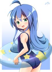 Rule 34 | 1girl, :3, ahoge, blue hair, blue one-piece swimsuit, commentary request, cowboy shot, from behind, gradient background, green eyes, highres, inakami, innertube, izumi konata, looking at viewer, lucky star, mole, mole under eye, one-piece swimsuit, school swimsuit, signature, smile, solo, standing, swim ring, swimsuit