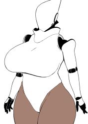 Rule 34 | 1girl, android, breasts, curvy, female focus, flat color, haydee (game), haydee (haydee), highres, huge breasts, komusou (jinrikisha), monochrome, pantyhose, simple background, solo, spot color, thick thighs, thighs, white background