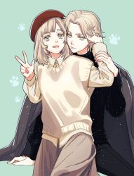 Rule 34 | 1boy, 1girl, beret, black coat, black pants, black shirt, blonde hair, blue eyes, brother and sister, brown skirt, closed mouth, coat, coat on shoulders, commentary, cowboy shot, green background, hands up, hat, highres, holding another&#039;s arm, inui akane, inui seishu, long skirt, long sleeves, medium hair, open mouth, pants, paw print, red headwear, shirt, short hair, siblings, simple background, sitting, skirt, smile, sweater, swept bangs, tokyo revengers, tsu hanpen, v, yellow sweater