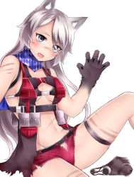 Rule 34 | 1girl, animal ears, blush, breasts, claws, cleavage, cleavage cutout, clothing cutout, commentary request, fangs, fur, grey eyes, hand up, highres, long hair, looking at viewer, medium breasts, muzzle, navel, neit ni sei, open mouth, original, pouch, scar, short shorts, shorts, silver hair, sitting, sleeveless, smile, solo, sweatdrop, tail, thigh strap, vest, white background, wolf ears, wolf girl