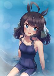 Rule 34 | 1girl, ahoge, alternate costume, animal ears, black hair, blue eyes, blue one-piece swimsuit, breasts, collarbone, commentary request, daring tact (umamusume), ear ornament, hair ornament, horse ears, horse girl, looking at viewer, medium breasts, ocean, one-piece swimsuit, open mouth, partially submerged, school swimsuit, school uniform, sitting, solo, swimsuit, tracen swimsuit, umamusume, water, yuki (user tjvn3757)