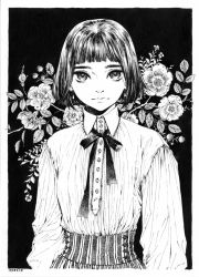 Rule 34 | 1girl, arms at sides, blunt bangs, bob cut, buttons, closed mouth, collared shirt, dated, earrings, eyebrows, floral background, flower, gisele alain, gisele alain (character), greyscale, highres, ink (medium), jewelry, kasai sui, light smile, long sleeves, looking at viewer, monochrome, neck ribbon, ribbon, rose, shirt, short hair, solo, striped, traditional media, upper body, vertical stripes