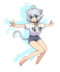 Rule 34 | 1girl, :o, ahoge, animal ear fluff, animal ears, bare legs, barefoot, blush stickers, borrowed character, breasts, cat ears, cat girl, cat tail, clothes writing, colored shadow, commentary request, drop shadow, ear piercing, full body, green eyes, grey hair, grey shorts, hair between eyes, highres, hood, hood down, hoodie, knees together feet apart, looking at viewer, medium breasts, mole, mole under mouth, muu (mumumer), original, outstretched arms, parted lips, piercing, shadow, short shorts, short sleeves, shorts, simple background, solo, spread arms, tail, translation request, v-shaped eyebrows, white background, white hoodie