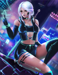 Rule 34 | 1girl, artist request, bad id, bad pixiv id, breasts, ciri, cyberpunk, cyberpunk (series), cyberpunk 2077, fantasy, freckles, green eyes, highres, jewelry, lips, long hair, looking at viewer, medium breasts, scar, short hair, shorts, silver hair, solo, the witcher (series), the witcher 3