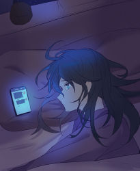 Rule 34 | 1girl, bed, bed sheet, black hair, blue eyes, cellphone, closed mouth, eyes visible through hair, from above, furrowed brow, glowing, highres, hoshino ichika (project sekai), indoors, long hair, looking afar, lying, messy hair, nape, on bed, on side, pajamas, phone, fake phone screenshot, pillow, profile, project sekai, sad, smartphone, solo, tearing up, under covers, ximuye