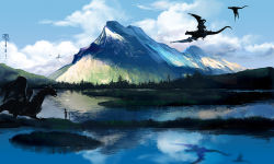 Rule 34 | androgynous, bad id, bad pixiv id, cloud, day, dragon, gender request, lake, landscape, mountain, mugon, nature, original, outdoors, reflection, river, scenery, silhouette, sky, snow, solo, sword, tree, water, weapon