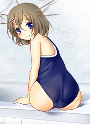 Rule 34 | 10s, 1girl, alternate costume, ass, blue eyes, blush, brown hair, from behind, headgear, kantai collection, looking at viewer, maya (kancolle), nikoo, one-piece swimsuit, short hair, sitting, solo, swimsuit
