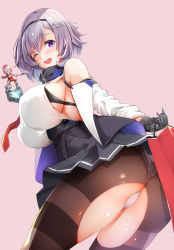 Rule 34 | 1girl, ass, azur lane, bag, bare shoulders, black gloves, blush, breasts, commentary request, gloves, hair ornament, hairband, hairclip, highres, huge breasts, iron man, looking at viewer, marvel, md5 mismatch, one eye closed, panties, pink background, purple background, reno (azur lane), resolution mismatch, sezok, shopping bag, short hair, simple background, skirt, sleeveless, sleeveless jacket, smile, solo, source smaller, torn clothes, torn legwear, toy, underboob, underwear, white panties