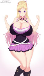 Rule 34 | 1girl, bare arms, bare shoulders, blonde hair, blush, breasts, cleavage, criss-cross halter, gradient hair, hair ornament, hair stick, halterneck, highres, huge breasts, kainkout, long hair, looking at viewer, miniskirt, multicolored hair, ponytail, purple eyes, skirt, smile, standing, valkyrie drive, valkyrie drive -bhikkhuni-, very long hair, viola (valkyrie drive), watermark, web address, wide hips