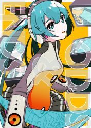 Rule 34 | 1girl, aqua eyes, aqua hair, black skirt, copyright name, english text, hair between eyes, hatsune miku, headphones, heartbeat (module), highres, long hair, looking at viewer, machigami yoh, odds &amp; ends (vocaloid), open mouth, skirt, smile, solo, television, twintails, very long hair, vocaloid, yellow background