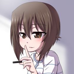 Rule 34 | 10s, 1girl, brown eyes, brown hair, casual, commentary request, girls und panzer, hanya (hanya yashiki), holding, light smile, long sleeves, looking at viewer, nishizumi maho, parted lips, portrait, shirt, short hair, solo, striped clothes, striped shirt, white shirt