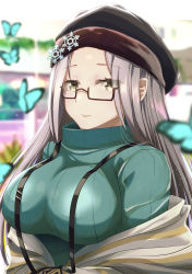 Rule 34 | 1girl, absurdres, azur lane, blue sweater, blurry, blurry background, breasts, bug, butterfly, grey hair, hat, highres, insect, large breasts, long hair, semi-rimless eyewear, shangri-la (azur lane), shangri-la (utopia&#039;s collector) (azur lane), snowflake ornament, sweater, takllou, turtleneck, turtleneck sweater, upper body, yellow eyes