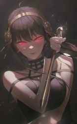 Rule 34 | 1girl, absurdres, black choker, black dress, black hair, breasts, brown hairband, choker, closed mouth, collarbone, dress, floating hair, ggoc ill, glowing, glowing eyes, hair between eyes, hairband, highres, holding, holding weapon, long hair, looking at viewer, medium breasts, red eyes, sidelocks, sleeveless, sleeveless dress, smile, solo, spy x family, upper body, weapon, yor briar
