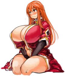Rule 34 | 10s, 1girl, blush, breasts, cleavage, covered erect nipples, cropped legs, elbow gloves, gigantic breasts, gloves, knees together feet apart, long hair, looking away, maou (maoyuu), maoyuu maou yuusha, open clothes, orange hair, perky breasts, red eyes, sachito, simple background, sitting, solo, sweatdrop, thick thighs, thighs, white background