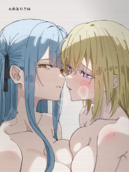 2girls after_kiss bang_dream! bang_dream!_it&#039;s_mygo!!!!! bite_mark bite_mark_on_shoulder black_ribbon blonde_hair blue_hair blush breast_press breasts bright_pupils cleavage commentary_request hair_ribbon highres long_hair misumi_uika multiple_girls nude parted_lips puff_of_air purple_eyes ribbon saliva saliva_trail symmetrical_docking togawa_sakiko tsuyudashimirin white_pupils yellow_eyes yuri