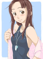Rule 34 | blush, brown eyes, brown hair, competition swimsuit, dressing, forehead, kawada tomoko, kimi kiss, off shoulder, one-piece swimsuit, sakura kotetsu, school swimsuit, shirt, simple background, smile, solo, swimsuit, swimsuit under clothes, teacher, upper body, wet, whistle