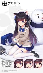 Rule 34 | 1girl, :d, alternate costume, anchor symbol, animal ear fluff, animal ears, artist request, azur lane, bag, bag charm, black footwear, blue bow, blue eyes, blue skirt, blush, bow, brown hair, brown jacket, brown mittens, cannon, cat ears, charm (object), closed mouth, collared shirt, commentary request, copyright name, expressions, hatsuharu (azur lane), hatsuharu (snow day hatsuharu) (azur lane), headset, holding, jacket, loafers, long hair, long sleeves, looking at viewer, mittens, open mouth, parted lips, pleated skirt, school bag, shirt, shoes, sitting, skirt, smile, snow, snow rabbit, snowman, solo, thighhighs, turret, very long hair, wariza, white shirt, white thighhighs