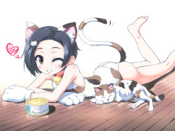 Rule 34 | 1girl, animal ears, ass, bad id, bad pixiv id, bare shoulders, barefoot, bell, bob cut, calico, cat, cat ears, cat tail, collar, feet, kittysuit, kobayakawa rinko, love plus, morujii, neck bell, nontraditional playboy bunny, one-piece swimsuit, one eye closed, school swimsuit, solo, swimsuit, tail, wink