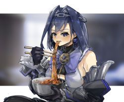 Rule 34 | 1girl, absurdres, blue eyes, blue hair, bow, bow earrings, bowl, breasts, chain, chain headband, chopsticks, cleavage, commentary, earrings, eating, english commentary, food, head chain, highres, holding, holding bowl, holding chopsticks, hololive, hololive english, jewelry, large breasts, noodles, ouro kronii, solo, spicy, sweat, virtual youtuber, vyragami