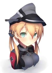 Rule 34 | 10s, 1girl, anchor hair ornament, aqua eyes, blonde hair, breasts, hair ornament, hat, highres, kantai collection, long hair, looking at viewer, low twintails, md5 mismatch, metindone, peaked cap, prinz eugen (kancolle), resized, smile, solo, twintails, upper body, white background